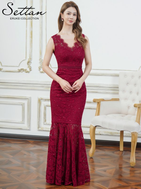 画像2: [送料無料][SETTAN]レッド・ホワイト・総レース・スパンコール・シアー・ギャザー・Vネック・ノースリーブ・ハイウエスト・タイト・マーメイド・ロングドレス[即日発送][大きいサイズあり] (2)