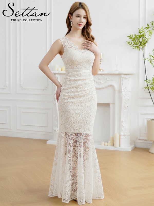 画像5: [送料無料][SETTAN]ホワイト・ネイビー・レッド・総レース・スパンコール・シアー・ギャザー・Vネック・ノースリーブ・ハイウエスト・タイト・マーメイド・ロングドレス[即日発送][大きいサイズあり] (5)