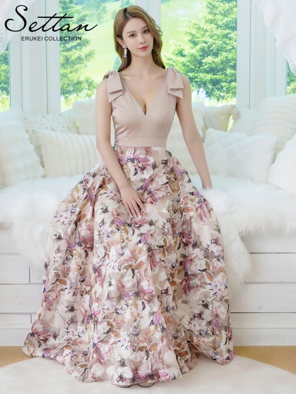 画像1: [送料無料][SETTAN]ベージュ×プリント・ヴィヴィットピンク・ライトピンク・ホワイト・プリント・オレンジ・Vネック・ノースリーブ・シンプル・サテン・上品・肩リボン・切替・Aライン・ロングドレス[即日発送][大きいサイズあり] (1)
