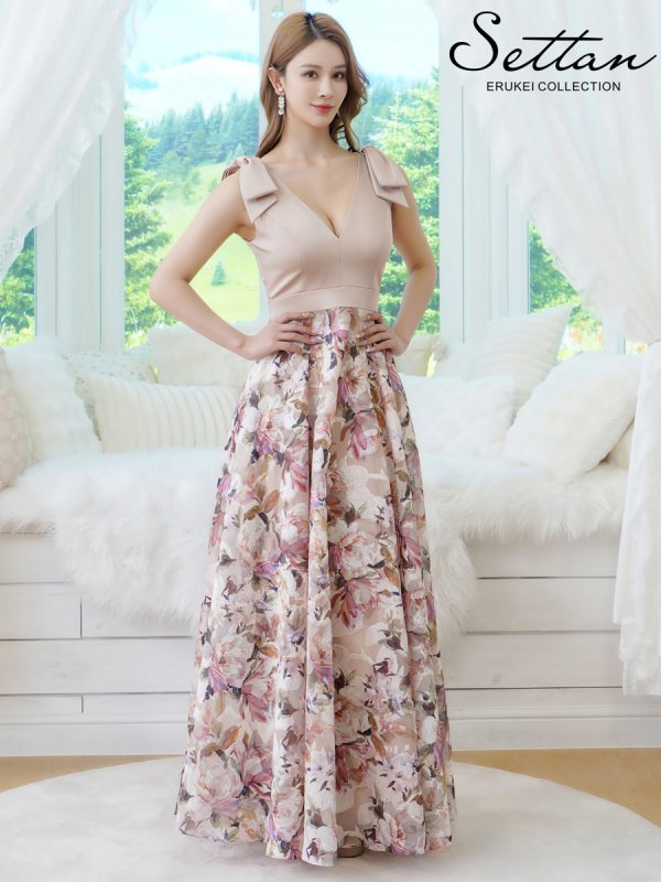 画像5: [送料無料][SETTAN]ベージュ×プリント・ヴィヴィットピンク・ライトピンク・ホワイト・プリント・オレンジ・Vネック・ノースリーブ・シンプル・サテン・上品・肩リボン・切替・Aライン・ロングドレス[即日発送][大きいサイズあり] (5)