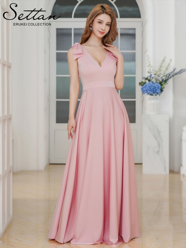 画像2: [送料無料][SETTAN]ライトピンク・オレンジ・ホワイト・Vネック・ノースリーブ・シンプル・サテン・上品・肩リボン・切替・Aライン・ロングドレス[即日発送][大きいサイズあり] (2)