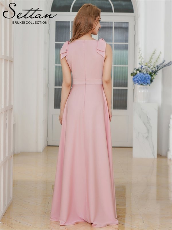 画像3: [送料無料][SETTAN]ライトピンク・オレンジ・ホワイト・Vネック・ノースリーブ・シンプル・サテン・上品・肩リボン・切替・Aライン・ロングドレス[即日発送][大きいサイズあり] (3)