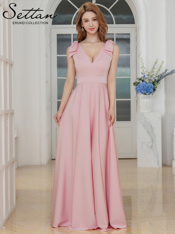 画像5: [送料無料][SETTAN]ライトピンク・オレンジ・ホワイト・Vネック・ノースリーブ・シンプル・サテン・上品・肩リボン・切替・Aライン・ロングドレス[即日発送][大きいサイズあり] (5)