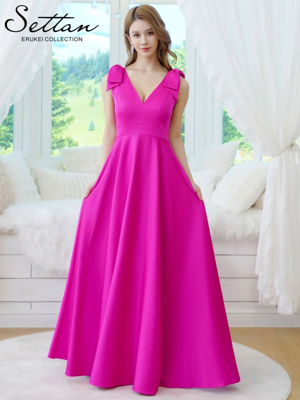 画像7: [送料無料][SETTAN]ベージュ×プリント・ヴィヴィットピンク・ライトピンク・ホワイト・プリント・オレンジ・Vネック・ノースリーブ・シンプル・サテン・上品・肩リボン・切替・Aライン・ロングドレス[即日発送][大きいサイズあり] (7)