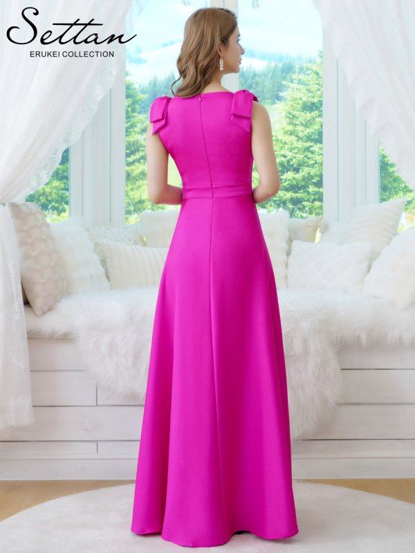 画像9: [送料無料][SETTAN]ベージュ×プリント・ヴィヴィットピンク・ライトピンク・ホワイト・プリント・オレンジ・Vネック・ノースリーブ・シンプル・サテン・上品・肩リボン・切替・Aライン・ロングドレス[即日発送][大きいサイズあり] (9)