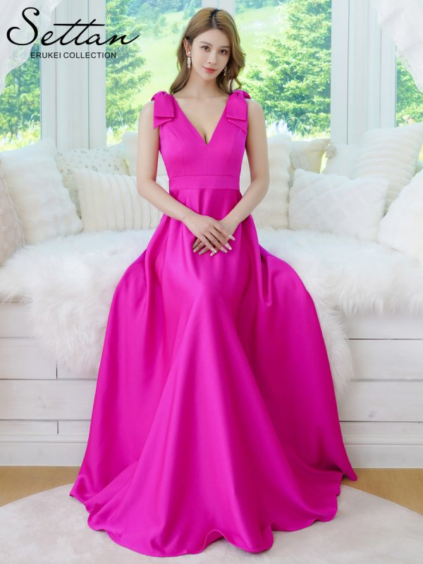 画像12: [送料無料][SETTAN]ベージュ×プリント・ヴィヴィットピンク・ライトピンク・ホワイト・プリント・オレンジ・Vネック・ノースリーブ・シンプル・サテン・上品・肩リボン・切替・Aライン・ロングドレス[即日発送][大きいサイズあり] (12)