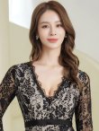 画像4: [送料無料][SETTAN]ブラック・ホワイト・ワンカラー・総レース・Vネック・七分袖・花柄・リボンベルト・マーメイド・ロングドレス[即日発送][大きいサイズあり] (4)