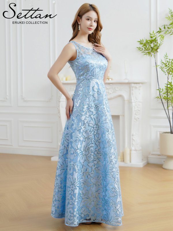 画像2: [送料無料][SETTAN]ブルー・ノースリーブ・スパンコール・レース・Aライン・ハイウエスト・ロングドレス[即日発送][大きいサイズあり] (2)
