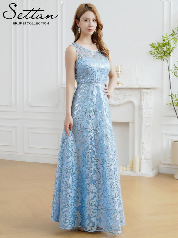 画像6: [送料無料][SETTAN]ブルー・ノースリーブ・スパンコール・レース・Aライン・ハイウエスト・ロングドレス[即日発送][大きいサイズあり] (6)