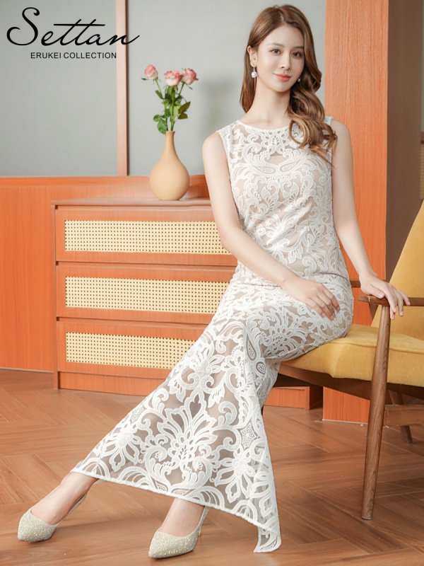 画像1: [送料無料][SETTAN]ホワイト・総レース・チュールレース・シアー・ノースリーブ・インナーミニ・タイト・ストレートライン・ロングドレス[即日発送][大きいサイズあり] (1)