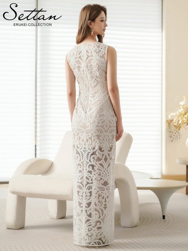 画像3: [送料無料][SETTAN]ホワイト・総レース・チュールレース・シアー・ノースリーブ・インナーミニ・タイト・ストレートライン・ロングドレス[即日発送][大きいサイズあり] (3)