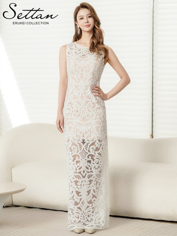 画像5: [送料無料][SETTAN]ホワイト・総レース・チュールレース・シアー・ノースリーブ・インナーミニ・タイト・ストレートライン・ロングドレス[即日発送][大きいサイズあり] (5)