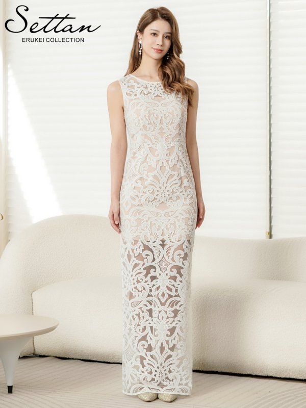 画像6: [送料無料][SETTAN]ホワイト・総レース・チュールレース・シアー・ノースリーブ・インナーミニ・タイト・ストレートライン・ロングドレス[即日発送][大きいサイズあり] (6)