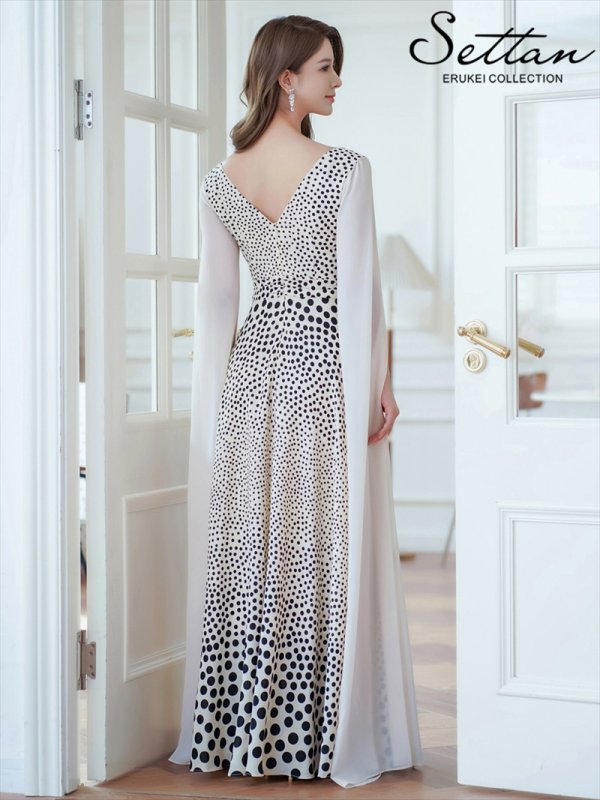画像3: [送料無料][SETTAN]ベージュ×ブラック・ドットグラデーション・ランダムドット・マントスリーブ・ハイウエスト・Aライン・ロングドレス[即日発送][大きいサイズあり] (3)