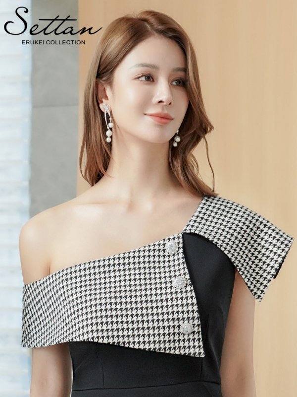 画像4: [送料無料][SETTAN]ブラック×ホワイト・千鳥格子柄・モノトーン・ビジューボタン・ワンショルダー・オフショルダー・タイト・ミ二ドレス・ワンピース[即日発送][大きいサイズあり] (4)