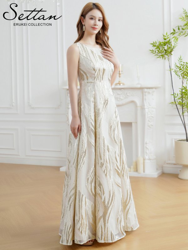 画像2: [送料無料][SETTAN]アイボリー・ゴールド×ブルー・ゴールド×ピンク・金糸・柄物・オーガンジー・ボートネック・ノースリーブ・Aライン・フレア・ロングドレス[即日発送][大きいサイズあり] (2)