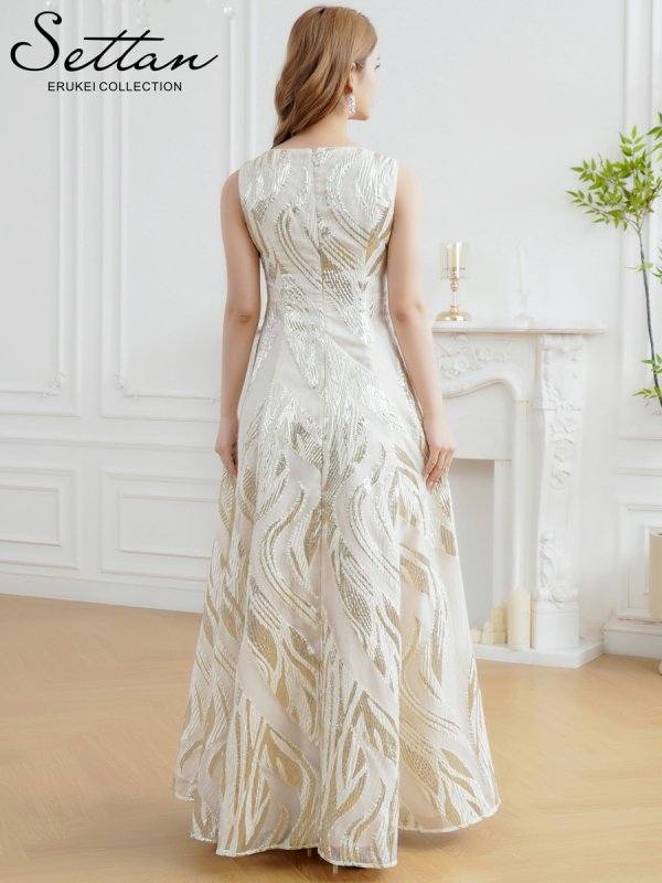 画像3: [送料無料][SETTAN]アイボリー・ゴールド×ブルー・ゴールド×ピンク・金糸・柄物・オーガンジー・ボートネック・ノースリーブ・Aライン・フレア・ロングドレス[即日発送][大きいサイズあり] (3)