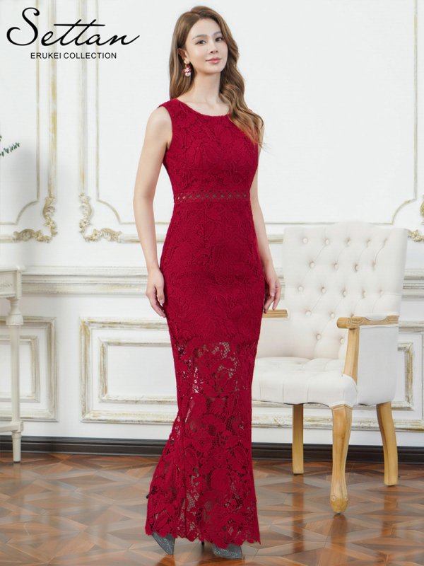 画像2: [送料無料][SETTAN]レッド・ホワイト・総レース・ハイウエスト・シアー・インナーミニ・タイト・ストレートライン・ロングドレス[即日発送][大きいサイズあり] (2)