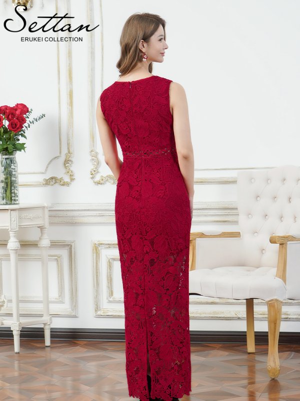 画像3: [送料無料][SETTAN]レッド・ホワイト・総レース・ハイウエスト・シアー・インナーミニ・タイト・ストレートライン・ロングドレス[即日発送][大きいサイズあり] (3)