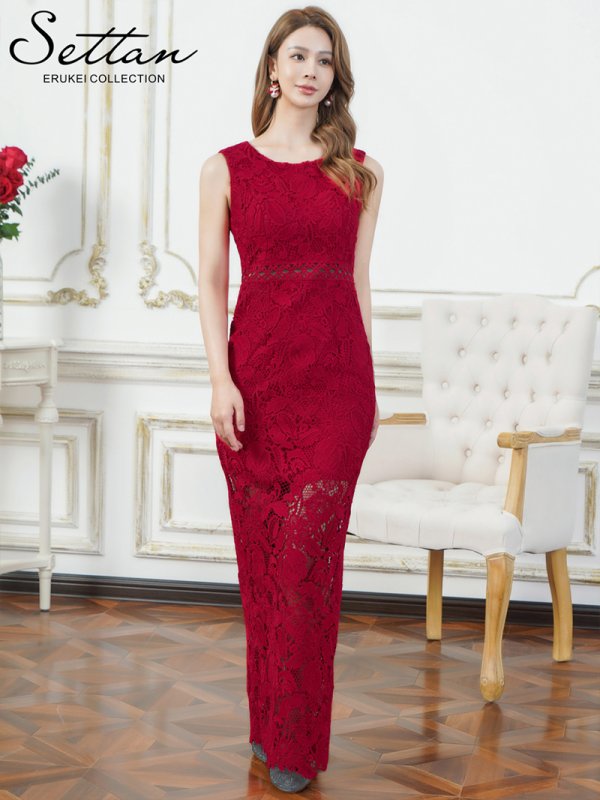 画像5: [送料無料][SETTAN]レッド・ホワイト・総レース・ハイウエスト・シアー・インナーミニ・タイト・ストレートライン・ロングドレス[即日発送][大きいサイズあり] (5)