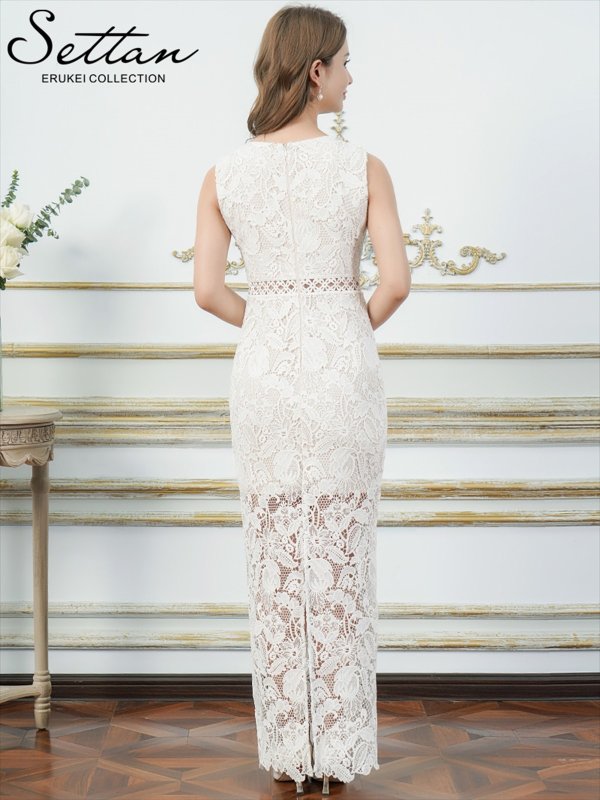 画像9: [送料無料][SETTAN]レッド・ホワイト・総レース・ハイウエスト・シアー・インナーミニ・タイト・ストレートライン・ロングドレス[即日発送][大きいサイズあり] (9)