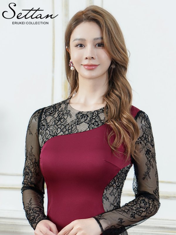 画像4: [送料無料][SETTAN]レッド×ブラック・サテン・レース・長袖・タイトスリーブ・シアー・タイト・マーメイド・ロングドレス[即日発送][大きいサイズあり] (4)