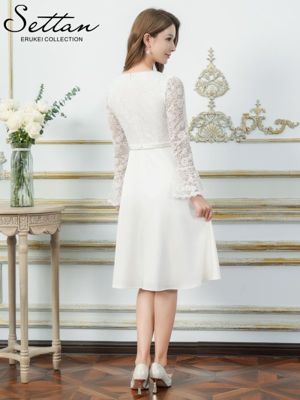 画像9: [送料無料][SETTAN]ワインレッド・ホワイト・ワンカラー・レース・サテン・Vネック・長袖・ベルスリーブ・ミディアムドレス・ワンピース[即日発送][大きいサイズあり] (9)