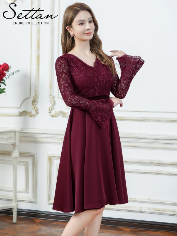 画像2: [送料無料][SETTAN]ワインレッド・ホワイト・ワンカラー・レース・サテン・Vネック・長袖・ベルスリーブ・ミディアムドレス・ワンピース[即日発送][大きいサイズあり] (2)