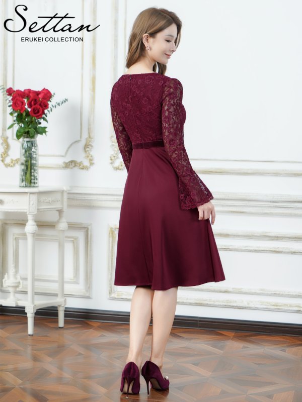 画像3: [送料無料][SETTAN]ワインレッド・ホワイト・ワンカラー・レース・サテン・Vネック・長袖・ベルスリーブ・ミディアムドレス・ワンピース[即日発送][大きいサイズあり] (3)