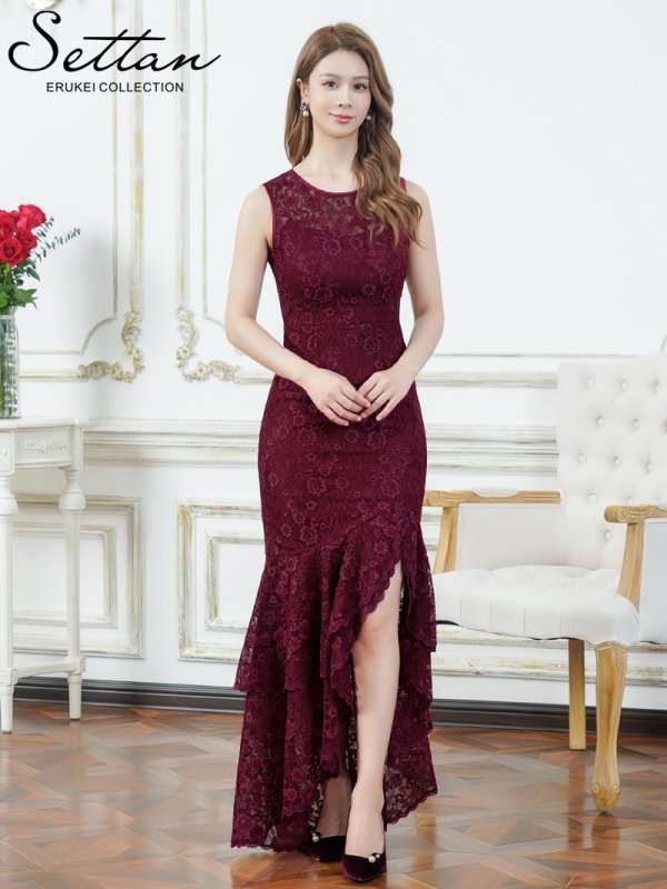 画像2: [送料無料][SETTAN]ワインレッド・総レース・シアー・ノースリーブ・エレガント・スリット・変形ヘム・フィッシュテール・タイト・マーメイド・ロングドレス[即日発送][大きいサイズあり] (2)