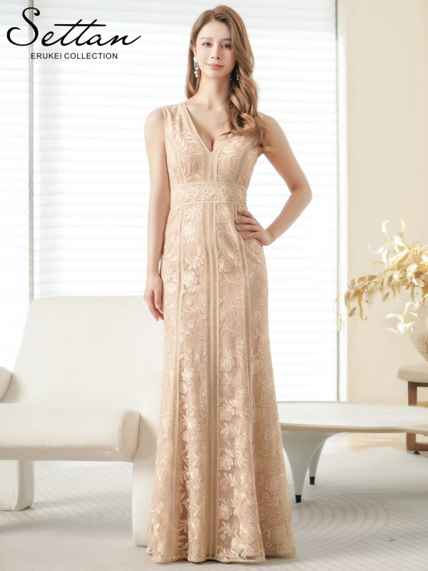 画像1: [送料無料][SETTAN]ベージュ・レッド・ホワイト・総レース・ノースリーブ・Vネック・ハイウエスト・タイト・マーメイド・ロングドレス[即日発送][大きいサイズあり] (1)