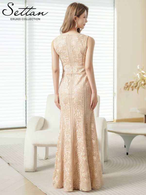 画像3: [送料無料][SETTAN]ベージュ・レッド・ホワイト・総レース・ノースリーブ・Vネック・ハイウエスト・タイト・マーメイド・ロングドレス[即日発送][大きいサイズあり] (3)