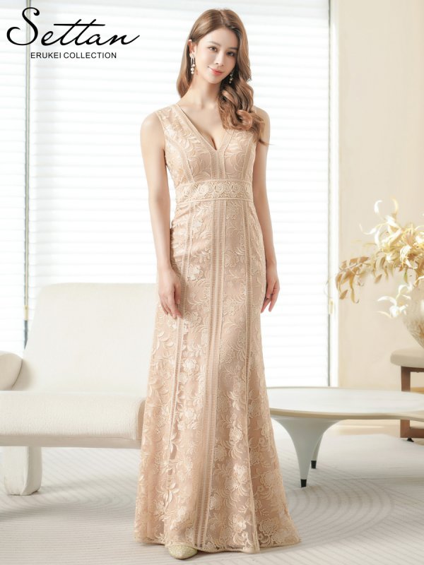 画像5: [送料無料][SETTAN]ベージュ・レッド・ホワイト・総レース・ノースリーブ・Vネック・ハイウエスト・タイト・マーメイド・ロングドレス[即日発送][大きいサイズあり] (5)
