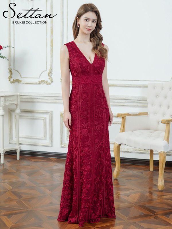 画像2: [送料無料][SETTAN]レッド・ベージュ・ホワイト・総レース・ノースリーブ・Vネック・総レース・ハイウエスト・タイト・マーメイド・ロングドレス[即日発送][大きいサイズあり] (2)