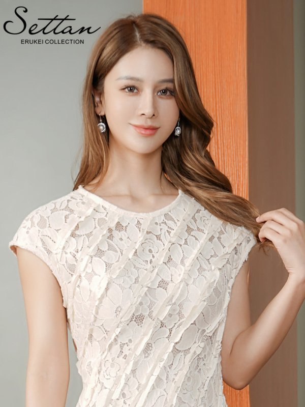 画像4: [送料無料][SETTAN]アイボリー・総レース・斜め切替・アシンメトリー・フレンチスリーブ・マキシ丈・Aライン・ロングドレス[即日発送][大きいサイズあり] (4)