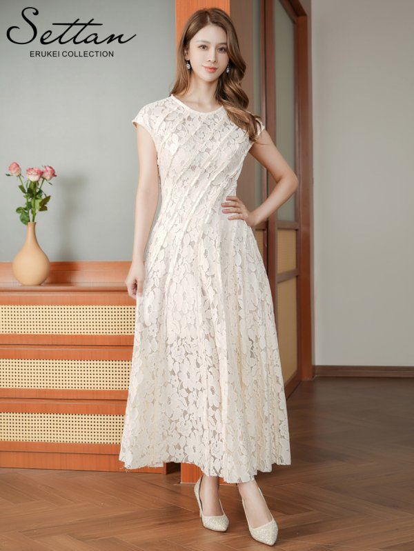 画像5: [送料無料][SETTAN]アイボリー・総レース・斜め切替・アシンメトリー・フレンチスリーブ・マキシ丈・Aライン・ロングドレス[即日発送][大きいサイズあり] (5)