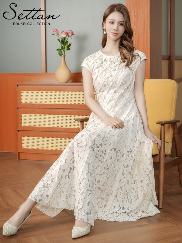 画像6: [送料無料][SETTAN]アイボリー・総レース・斜め切替・アシンメトリー・フレンチスリーブ・マキシ丈・Aライン・ロングドレス[即日発送][大きいサイズあり] (6)