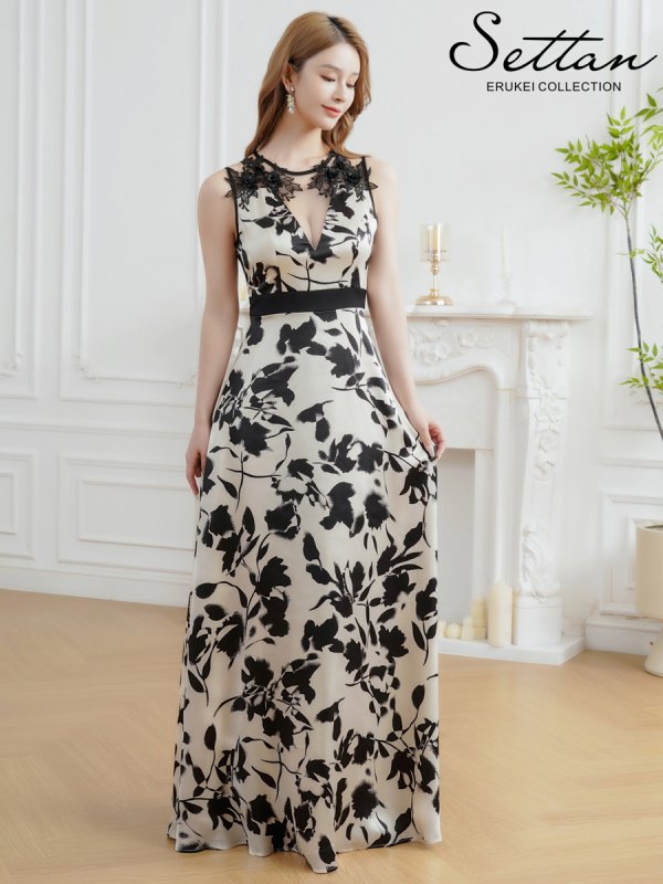 画像1: [送料無料][SETTAN]ブラック×ホワイト・モノトーン・リーフ柄・花柄・レースネック・Aライン・ノースリーブ・ロングドレス[即日発送][大きいサイズあり] (1)