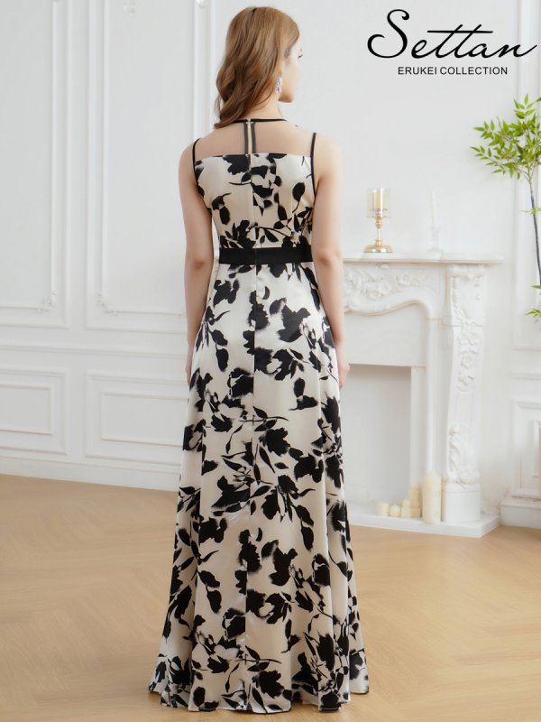 画像3: [送料無料][SETTAN]ブラック×ホワイト・モノトーン・リーフ柄・花柄・レースネック・Aライン・ノースリーブ・ロングドレス[即日発送][大きいサイズあり] (3)