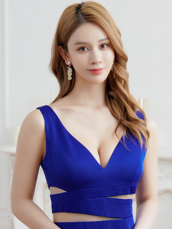 画像4: [送料無料][SETTAN]ロイヤルブルー・レッド・ホワイト・ワンカラー・ウエストカット・シンプル・Vネック・スリット・サイドスリット・マーメイド・ロングドレス[即日発送][大きいサイズあり] (4)