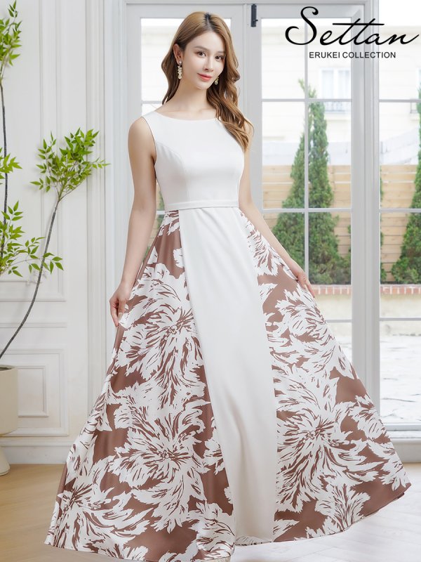 画像2: [送料無料][SETTAN]ホワイト×ブラウン・ノースリーブ・バイカラー・花柄・切替・ハイウエスト・フレア・Aライン・ロングドレス[即日発送][大きいサイズあり] (2)