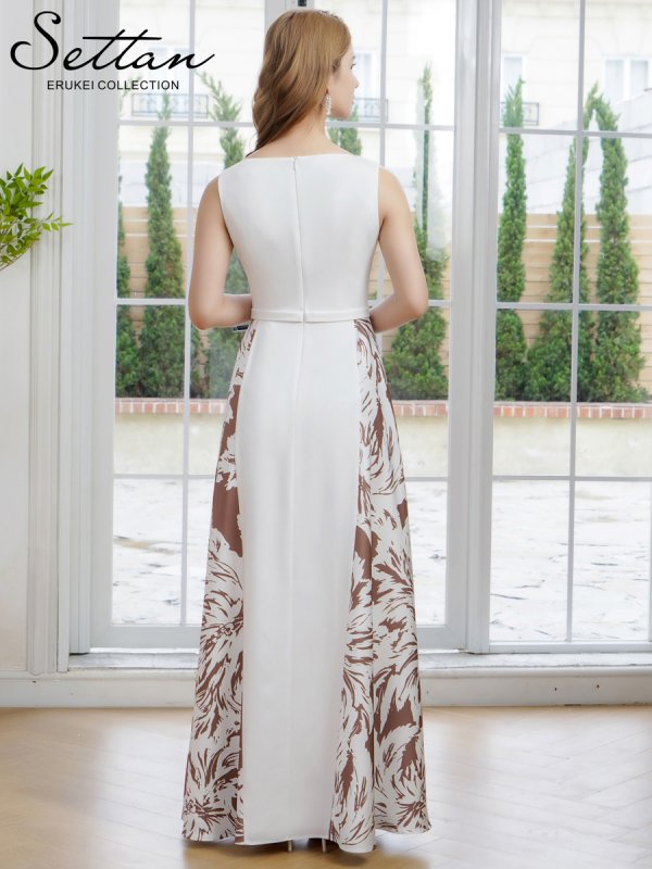 画像3: [送料無料][SETTAN]ホワイト×ブラウン・ノースリーブ・バイカラー・花柄・切替・ハイウエスト・フレア・Aライン・ロングドレス[即日発送][大きいサイズあり] (3)