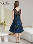 画像15: [送料無料][SETTAN]シルバー×ブラック・シルバー×ブルー・ブラック×ブルー・花柄・ジャガード・レース・ノースリーブ・Aライン・ミディアムドレス・ワンピース[即日発送][大きいサイズあり] (15)