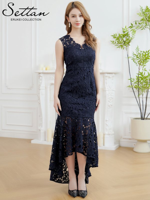 画像1: [送料無料][SETTAN]ネイビー・ピンク・総レース・シンプル・Vネック・ヘムライン・マーメイド・ミディアムドレス・ワンピース[即日発送][大きいサイズあり] (1)