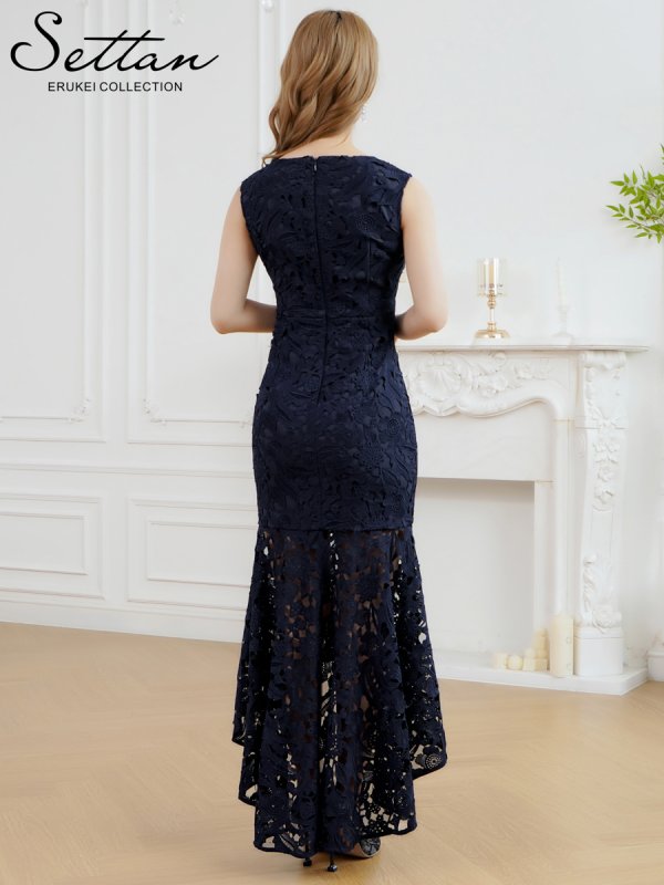 画像3: [送料無料][SETTAN]ネイビー・ピンク・総レース・シンプル・Vネック・ヘムライン・マーメイド・ミディアムドレス・ワンピース[即日発送][大きいサイズあり] (3)