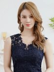 画像4: [送料無料][SETTAN]ネイビー・ピンク・総レース・シンプル・Vネック・ヘムライン・マーメイド・ミディアムドレス・ワンピース[即日発送][大きいサイズあり] (4)