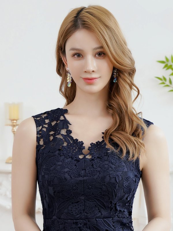 画像4: [送料無料][SETTAN]ネイビー・ピンク・総レース・シンプル・Vネック・ヘムライン・マーメイド・ミディアムドレス・ワンピース[即日発送][大きいサイズあり] (4)