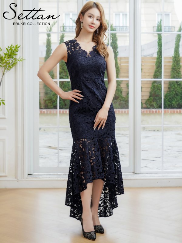 画像5: [送料無料][SETTAN]ネイビー・ピンク・総レース・シンプル・Vネック・ヘムライン・マーメイド・ミディアムドレス・ワンピース[即日発送][大きいサイズあり] (5)