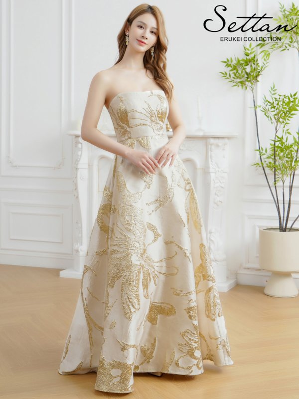 画像1: [送料無料][SETTAN]ベージュ×ゴールド・ホワイト×シルバー・レッド×ゴールド・ネイビー×シルバー・ベア・ジャガード・花柄・Aライン・スピンドル・ロングドレス[即日発送][大きいサイズあり] (1)