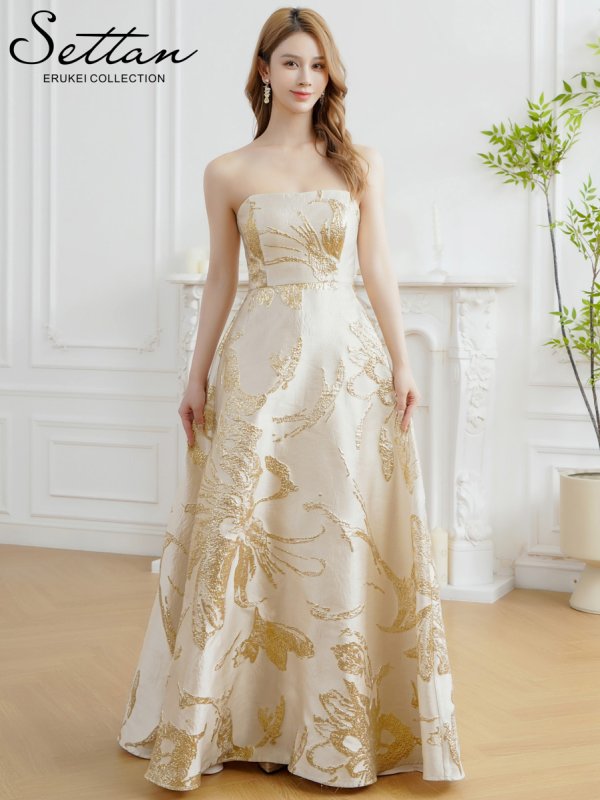 画像5: [送料無料][SETTAN]ベージュ×ゴールド・ホワイト×シルバー・レッド×ゴールド・ネイビー×シルバー・ベア・ジャガード・花柄・Aライン・スピンドル・ロングドレス[即日発送][大きいサイズあり] (5)